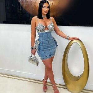 Studded Denim Mini Dress with Silver Accents